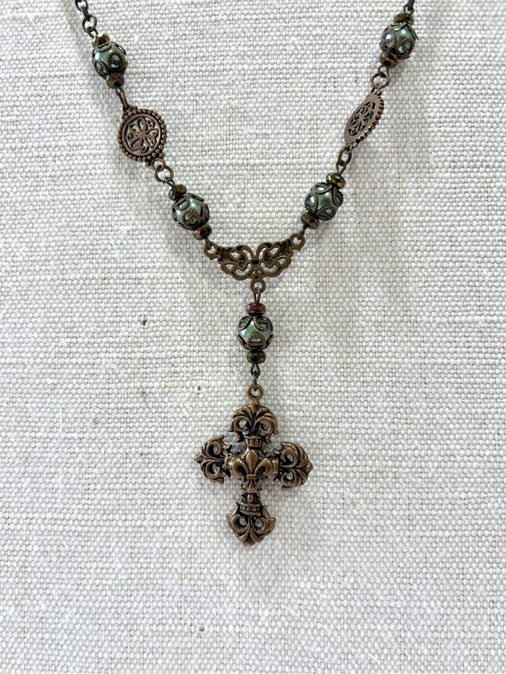 Bronze Filigree Cross Green iridescent Sparkling Bead Chain Statement  Necklace